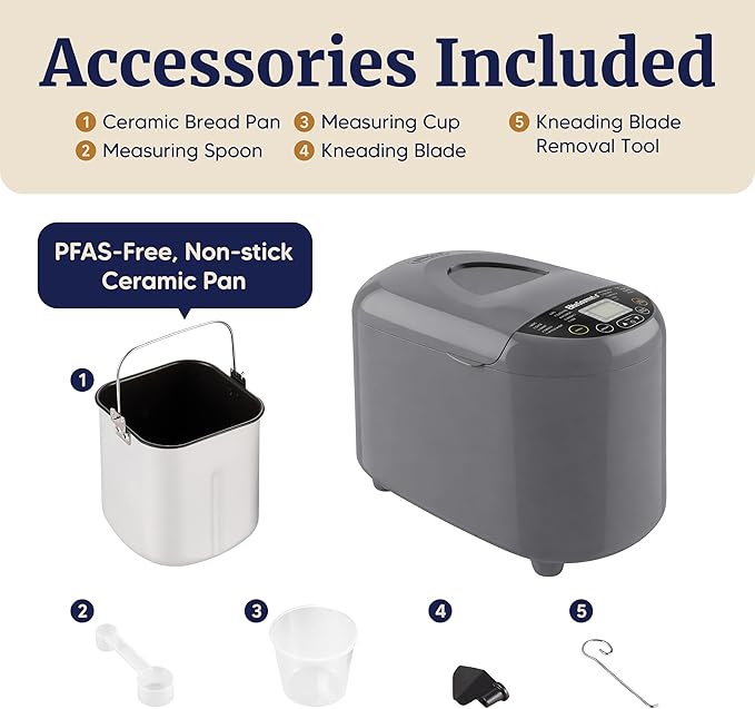 Elite Gourmet Programmable Bread Maker with PFAS-Free CERALAST™ Ceramic Pan, 2 lb Loaf, 19 Presets incl. Gluten-Free, 3 Sizes, Delay Timer, Steel Gray