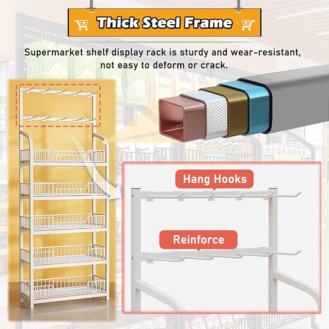 5-Tier Snack Shelf Organizer with Guardrail - Commercial Storage Rack for Fruits, Vegetables, Chips, Candy & Party Food Display - Retail & Wholesale Store Fixture with Hooks (Black)