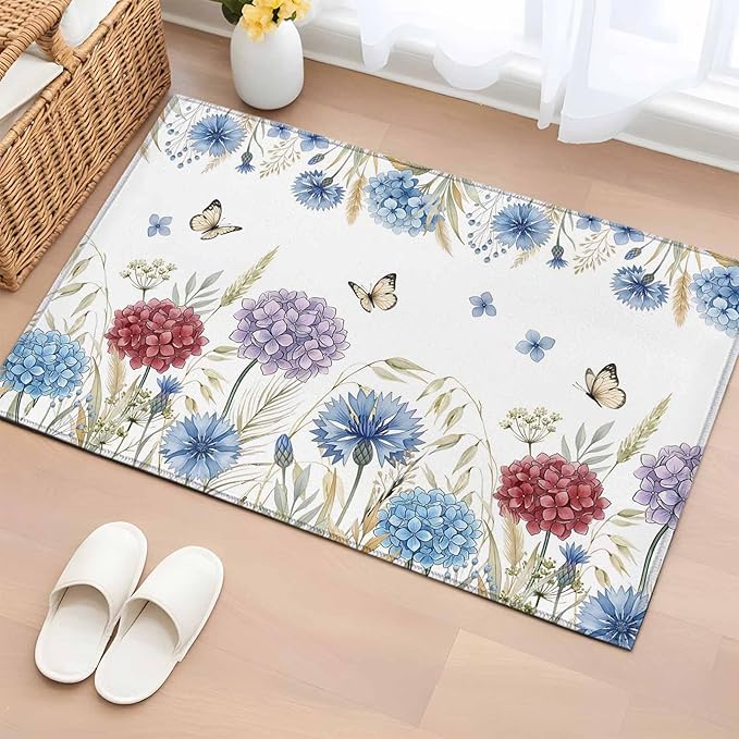 Area Rug 2x3ft, Watercolor Hydrangea Flower Washable Rugs for Living Room Bedroom, Garden Floral Butterfly Leaves Soft Non-Slip Area Rugs Rectangle Floor Carpet for Dining Room