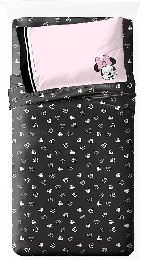 Jay Franco Kids Sheet Set with Fitted, Flat Sheets & Pillow Cover - Ultra-Soft Bedding with Pillowcase for Room Decor, Black - Minnie Mouse, 3 Piece Twin