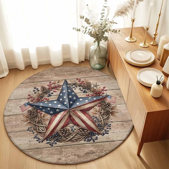 Washable Round Area Rug Independence Day USA Flag Star Circle Rugs Floor Carpet for Living Room Bedroom, Farm Wood Background Soft Non Slip Round Rug 5ft