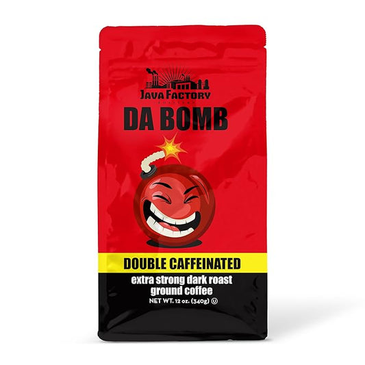 Java Factory High Caffeine Ground Coffee, Da Bomb Dark Roast, Double Caffeinated for a Bold, Strong Brew, 12 Ounce Bag, Perfect for French Press and Drip Coffee Makers