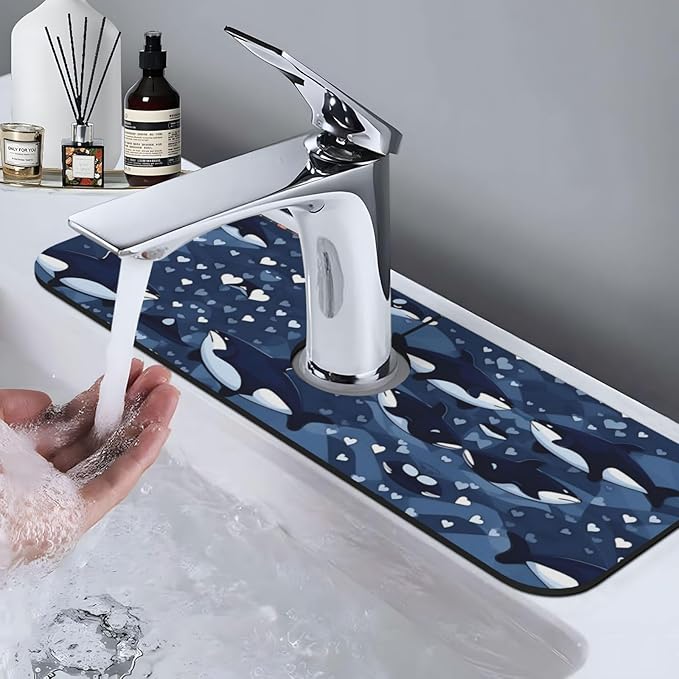 Blue Killer Whale Printed Faucet Absorbent mat, Suitable for bathrooms, Kitchens, and Other Sink Areas.