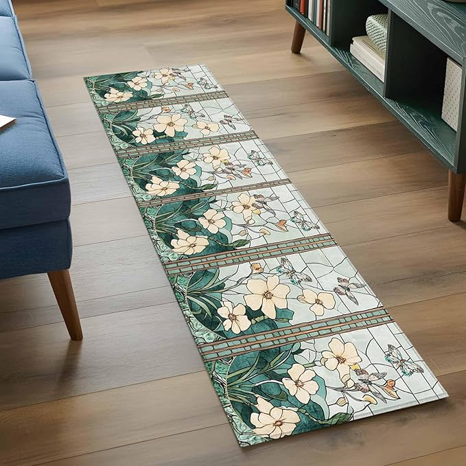 Runner Rug for Bedroom Hallway, Spring Flower Colorful Butterfly Kitchen Runner Rugs Area Rug 2x6ft, Vintage Green Plant Washable Soft Floor Carpet for Entryway Stair