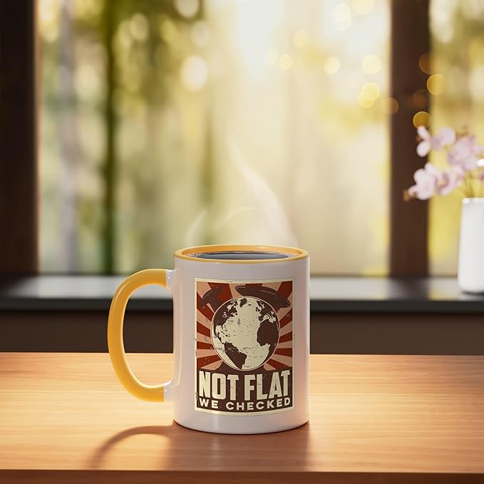 Ufo Alien Not Flat We Checked Ceramic Mug, Yellow/White