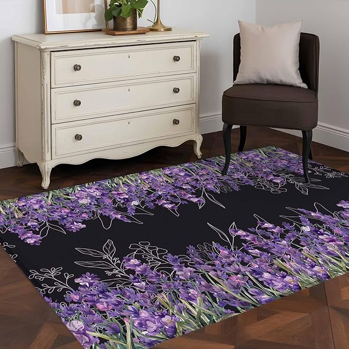 Area Rug 4x6ft, Spring Purple Lavender Flower Washable Rugs for Living Room Bedroom, Watercolor Floral on Black Soft Non-Slip Area Rugs Rectangle Floor Carpet for Dining Room