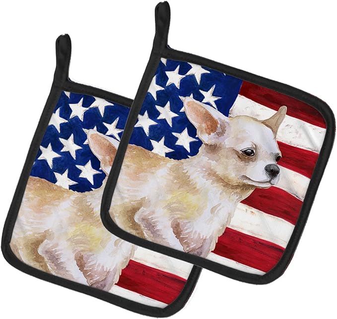 Caroline's Treasures BB9697PTHD Chihuahua Leg up Patriotic Pair of Pot Holders Kitchen Heat Resistant Pot Holders Sets Oven Hot Pads for Cooking Baking BBQ, 7 1/2 x 7 1/2
