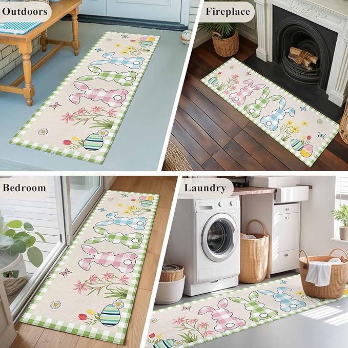 Runner Rug for Bedroom Hallway, Happy Easter Bunny Shadow Flowers Kitchen Runner Rugs Area Rug 2x6ft, Retro Linen Cotton and Grid Washable Soft Floor Carpet for Entryway Stair