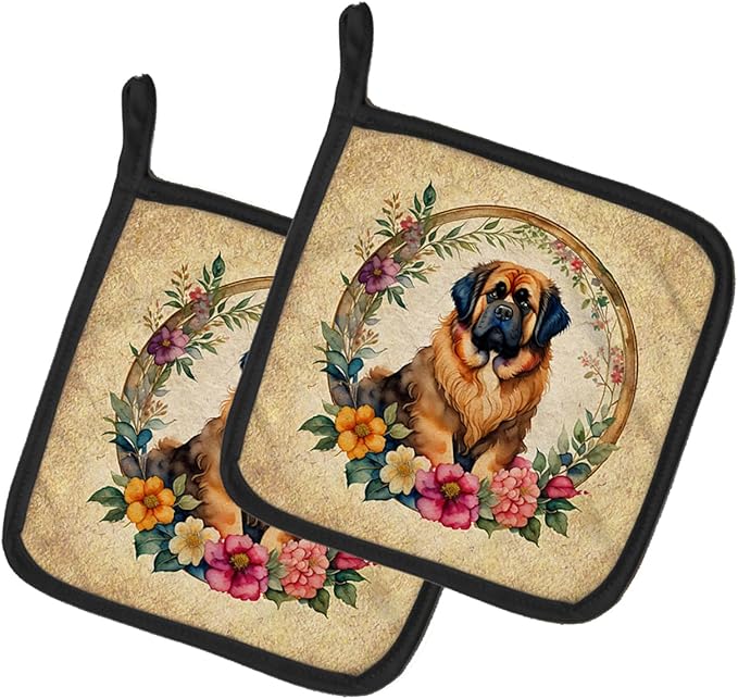 Caroline's Treasures Tibetan Mastiff and Flowers Pair of Pot Holders Kitchen Heat Resistant Pot Holders Sets Oven Hot Pads for Cooking Baking BBQ, 7 1/2 x 7 1/2