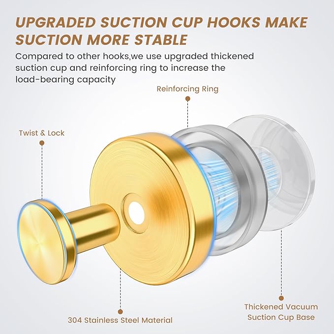 BKV Suction Cup Hooks for Glass Window,Removable Shower Hooks for Inside Shower,Metal Towel Hooks for Bathrooms,6 Pack(Gold)