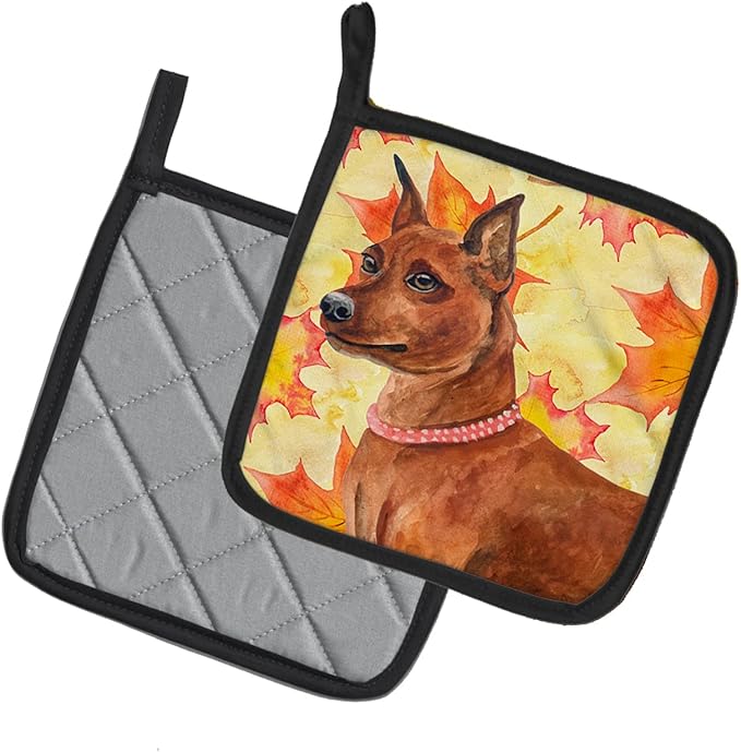 Caroline's Treasures BB9917PTHD Miniature Pinscher Fall Pair of Pot Holders, Yellow Kitchen Heat Resistant Pot Holders Sets Oven Hot Pads for Cooking Baking BBQ, 7 1/2 x 7 1/2