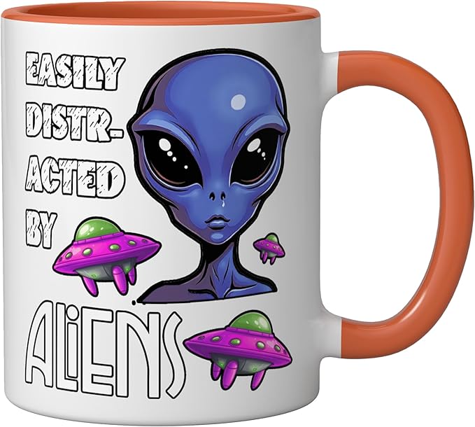 Easily Distracted By Aliens Funny Sci Fi Apparel Design Ceramic Mug, Orange/White