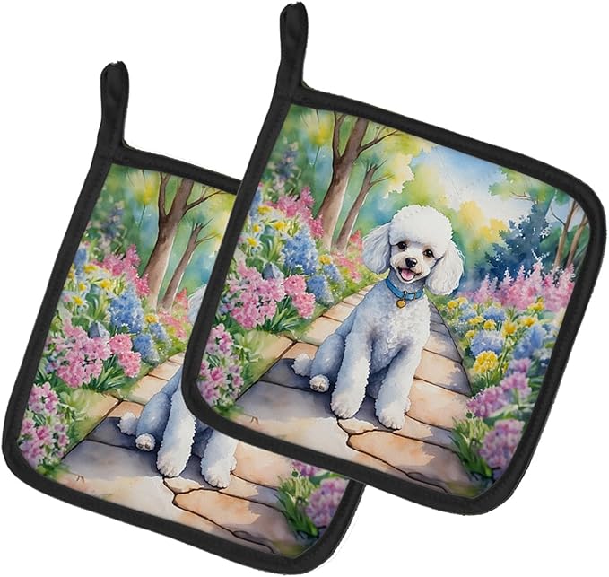 Caroline's Treasures White Poodle Spring Path Pair of Pot Holders Kitchen Heat Resistant Pot Holders Sets Oven Hot Pads for Cooking Baking BBQ, 7 1/2 x 7 1/2