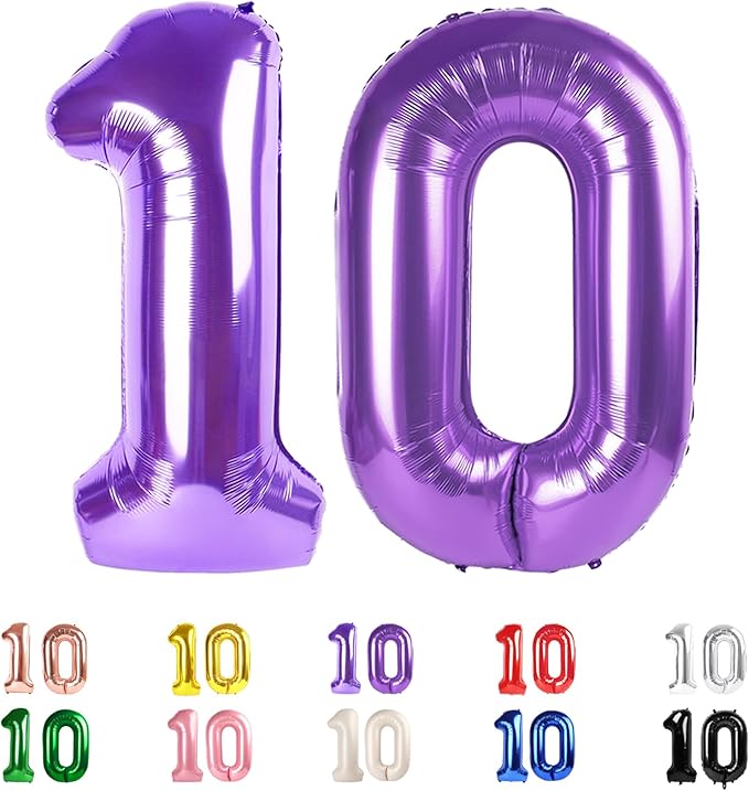 10 Balloons Number, 10th Birthday Decorations for Girl Boys, Purple Birthdays Balloons 40 In for Engagement, Wedding, Celebration Party, Graduations, Photo Shoot