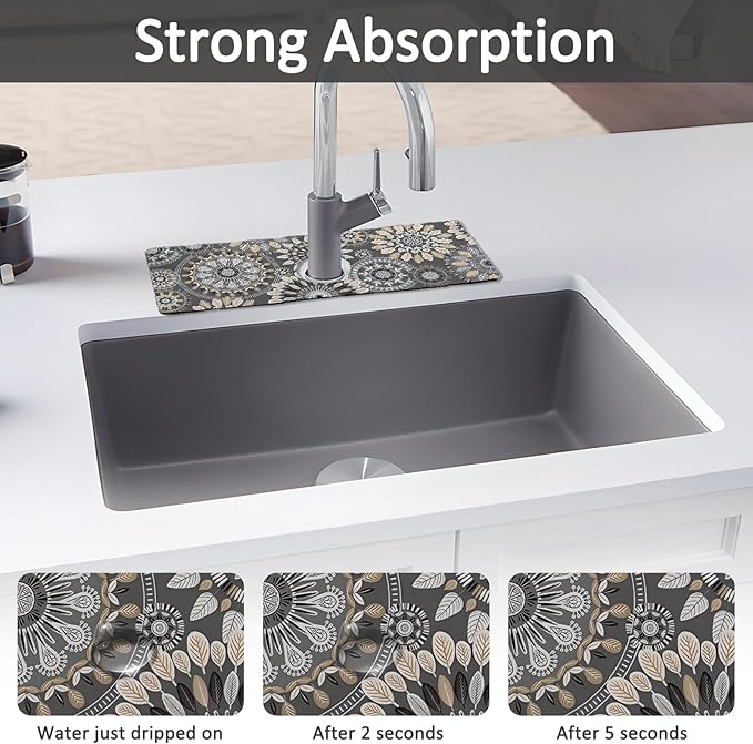 2PCS 15" X 5.5" Kitchen Sink Splash Guard Faucet Mat Mandala Super Absorbent Fast Drying Faucet Guard & Draining Mat Sink Splash Guard Behind Faucet for Kitchen, Bathroom