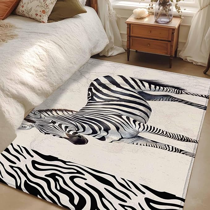 Area Rug 3x5ft, Zebra Black Stripe Animal Portrait Washable Rugs for Living Room Bedroom, Vintage Tree Branch Soft Non-Slip Area Rugs Rectangle Floor Carpet for Dining Room