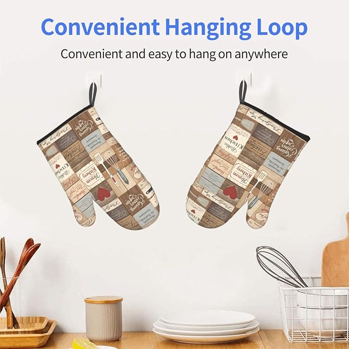 Farmhouse Splicing Wood Grain Oven Mitts of 2-Pack Set, Funny Kitchen Gloves Heat Resistant Non-Slip Kitchen Mitts for Cooking Baking Grillingf