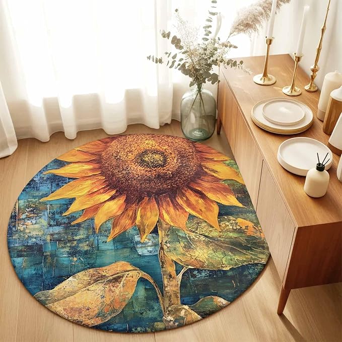Washable Round Area Rug Rustic Golden Sunflower on Teal Blue Circle Rugs Floor Carpet for Living Room Bedroom, Abstract Floral Soft Non Slip Round Rug 5ft