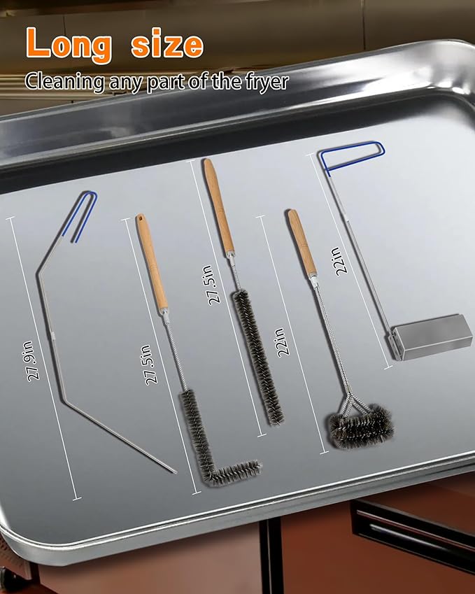 Fryer Cleaning Tool 5 Piece Set, Deep Fryer Basket Brush, Long Handle L-Shaped & Straight Crevice Cleaning Brush, Cleanout Rod Kit and V-Shaped Strainer Scoop for Commercial Kitchen, Fryer