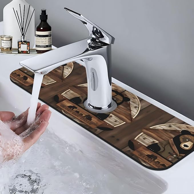 Rustic Lodge Bear Printed Faucet Absorbent mat, Suitable for bathrooms, Kitchens, and Other Sink Areas.