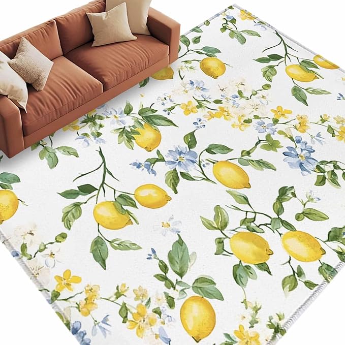Area Rug 6x9ft, Summer Watercolor Lemon Flower Washable Rugs for Living Room Bedroom, Spring Farm Fruit Green Leaf Soft Non-Slip Area Rugs Rectangle Floor Carpet for Dining Room