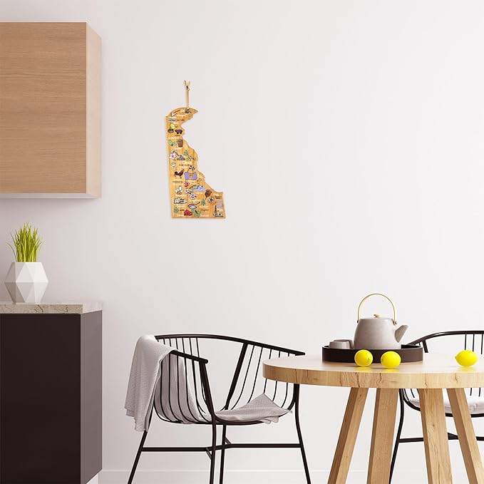 Totally Bamboo Delaware State Shaped Cutting Board and Charcuterie Serving Platter with Artwork by Fish Kiss, Includes Hang Tie for Wall Display