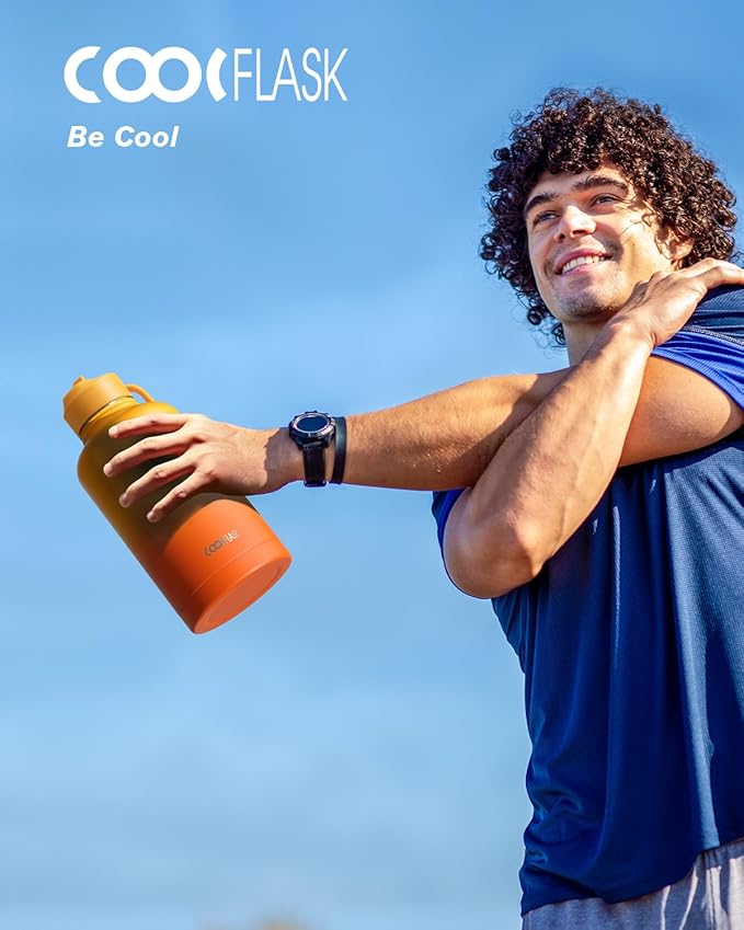 Half Gallon Water Bottle Insulated with Straw & 3 Lids, Coolflask 64 oz Water Jug Large Metal Stainless Steel Wide Mouth for Sports, Gym or Office, Non-BPA Keep Cold 48H Hot 24H, Ombre Yellow/Orange