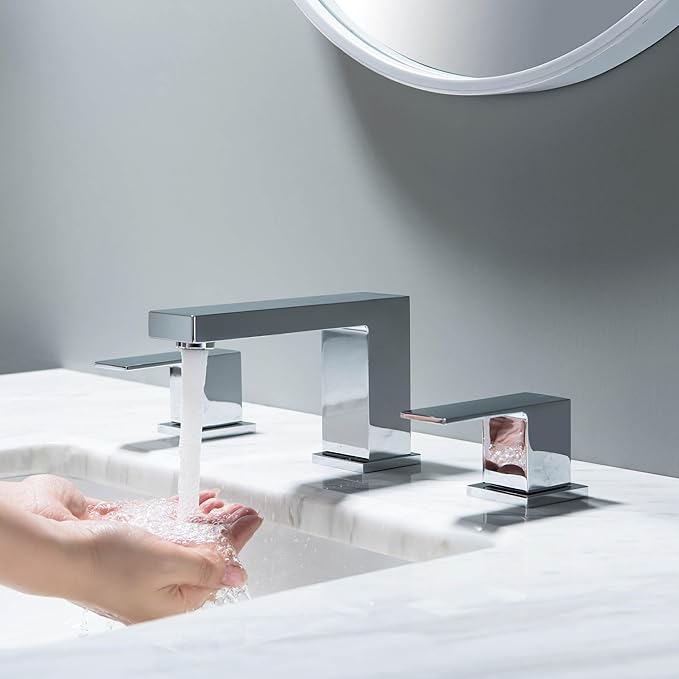 KIBI 2-Handle Cube Bathroom Sink Faucet with Drain Assembly | 3-Hole Installation, Solid Brass Construction | 8-Inch Wide Spread Lavatory Faucet | Chrome Finish, KBF1024