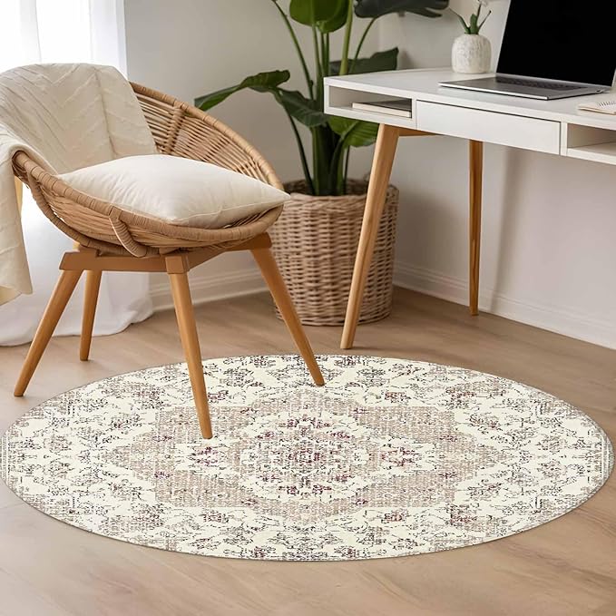 Beige Boho 3.3ft Round Rug, Vintage Ethnic Floral Non-Skid Rubber Backing Large Area Rugs - Living Room Bedroom Home Office, Abstract Art Geometric Indoor Floor Mat Carpets Washable Rug
