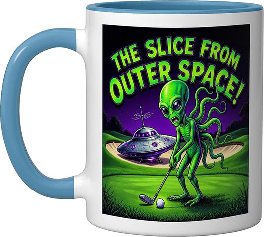 Funny Golfing Alien The Slice From Outer Space Retro UFO Ceramic Mug, Blue/White
