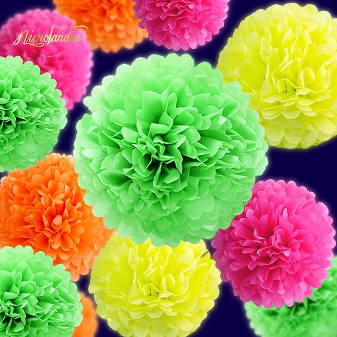 NICROLANDEE Blacklight Party Decorations - 12 PCS Fluorescent Neon Tissue Paper Pom Poms for Birthday, Wedding, Baby Shower, Glow-in-The-Dark, Neon, Prom Dance Party Photography