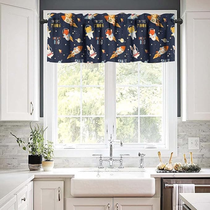 Animal Astronaut Valance, Funny Cartoon Animals Spacemen Rocket Kids Boys Window Treatment for Kitchen Dining Bedroom Nursery Decor, 54x18Inch