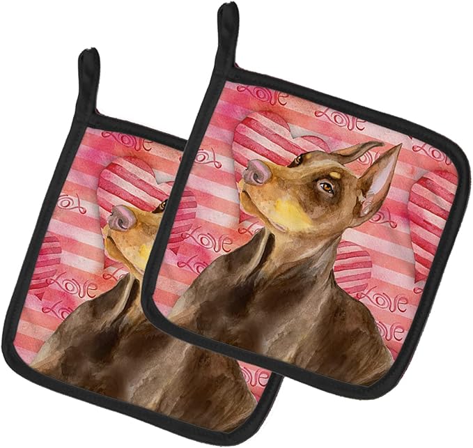 Caroline's Treasures BB9796PTHD Doberman Pinscher Love Pair of Pot Holders, Red Kitchen Heat Resistant Pot Holders Sets Oven Hot Pads for Cooking Baking BBQ, 7 1/2 x 7 1/2
