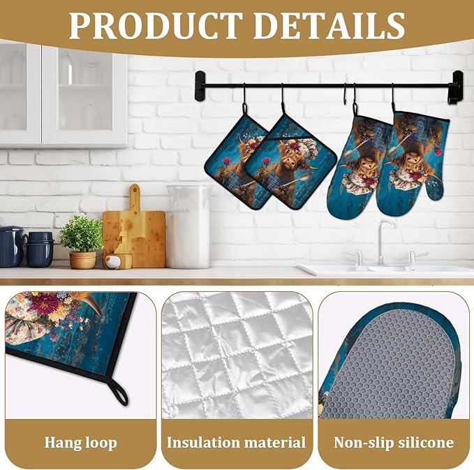 Highland Cow Chef Oven Mitts and Pot Holders Sets 4Pcs Funny Animal Silicone Kitchen Gloves Heat Resistant Potholders for Baking Cooking Grilling BBQ