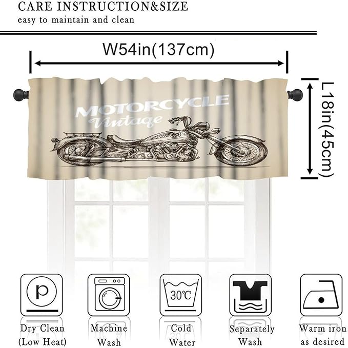Motorcycle Cool Valance Curtain Vintage Rod Pocket Valance Window Treatments Short Curtains for Kitchen Bathroom Farmhouse Living Room Decor 54x18inch