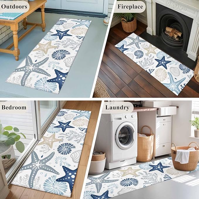 Runner Rug for Bedroom Hallway, Ocean Starfish Shell Conch Kitchen Runner Rugs Area Rug 2x6ft, Sea Blue Coral Seamless Washable Soft Floor Carpet for Entryway Stair