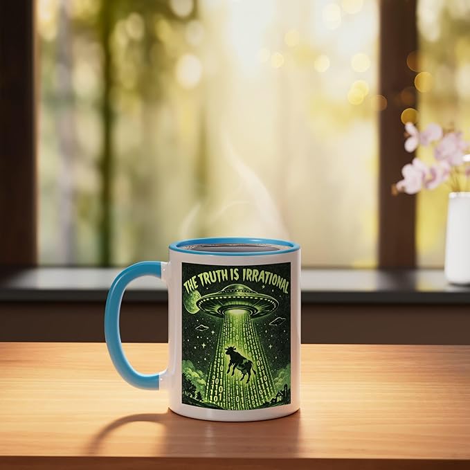 UFO The Truth Is Irrational Cow Abduction 3.14 Math Pi Day Ceramic Mug, Blue/White