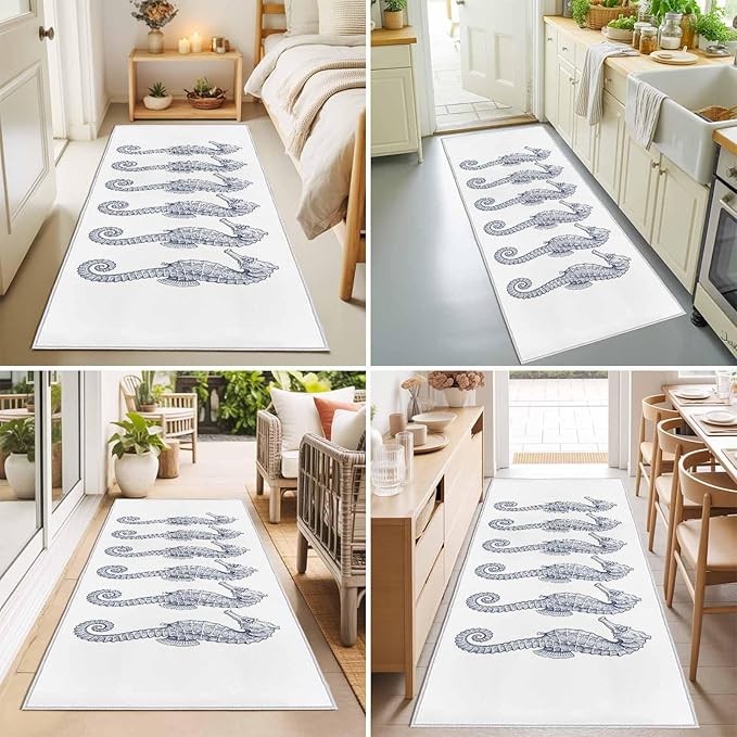 Runner Rug for Bedroom Hallway, Summer Light Blue Seahorse Kitchen Runner Rugs Area Rug 2x6ft, Underwater Ocean Animals Washable Soft Floor Carpet for Entryway Stair