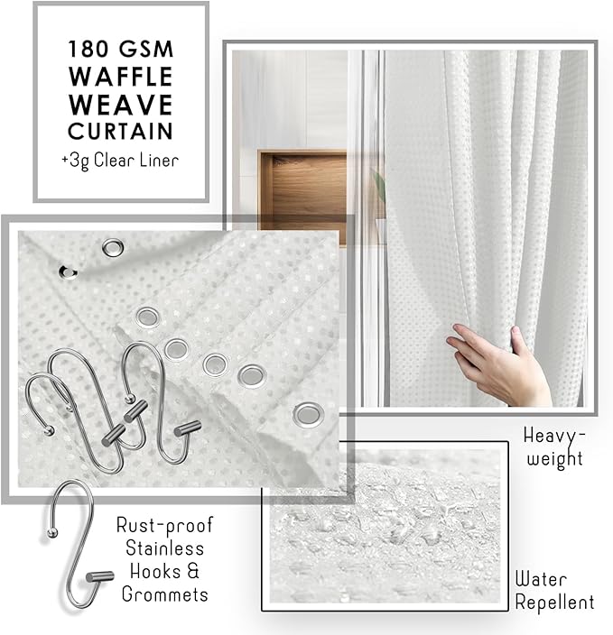 Clara Clark Bathroom Accessories Set - Bathroom Set with Adhesive Corner Shower Caddy Hanging, 25PC Bathroom Accessory Set, White Shower Curtain Set, Toilet Brush, Trash Can & Soap Dispenser