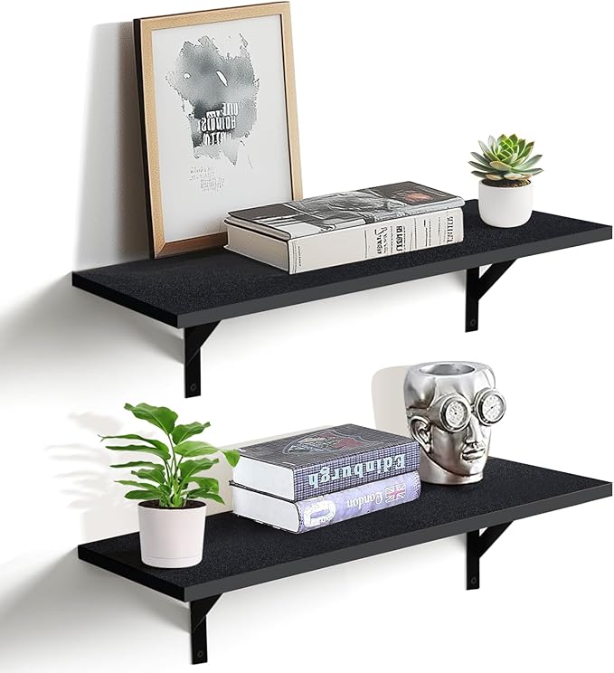 Tectocker-DOU Heavy Duty Long Wall Shelves Set of 2, Floating Shelves Wall Mounted with Industrial Brackets, 40lbs Capacity Shelves for Laundry Room, Kitchen, Bathroom, Living Room (24"*8",Black)