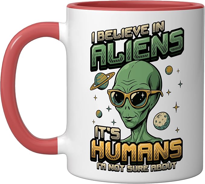 Alien Believer UFO Extraterrestrial Space Lover Ceramic Mug, Red/White
