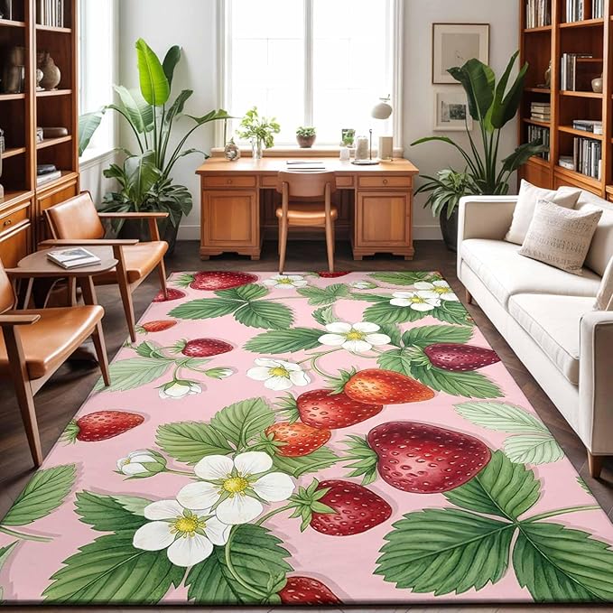 Area Rug 8x10ft, Summer Strawberry Bush on Pink Washable Rugs for Living Room Bedroom, Forest Green Foliage Soft Non-Slip Area Rugs Rectangle Floor Carpet for Dining Room