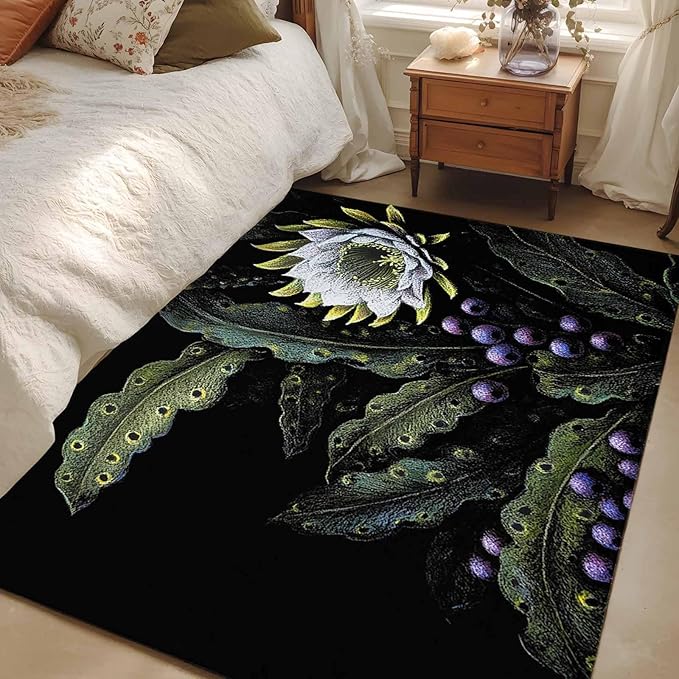 Area Rug 3x5ft, Watercolor Flower Berry Leaves Washable Rugs for Living Room Bedroom, Botanical Plant Dark Style Soft Non-Slip Area Rugs Rectangle Floor Carpet for Dining Room