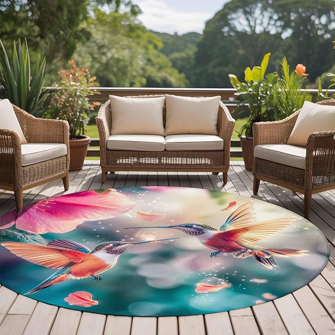 Washable Round Area Rug Spring Hummingbird Pink Petals Flowers Circle Rugs Floor Carpet for Living Room Bedroom, Dreamlike Animal Focus Scenery Soft Non Slip Round Rug 5ft