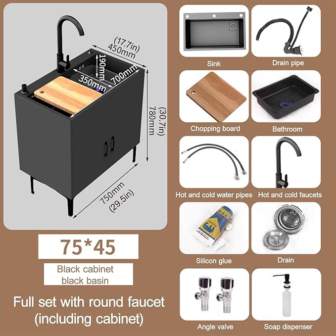 Cabinet Stainless Steel Sink with Storage,Commercial Kitchen Sink with Pull-Out Faucet,Bathroom Sink with Black Faucet and Storage Shelves,for Kitchen,Restaurant,Outdoor,Laundry