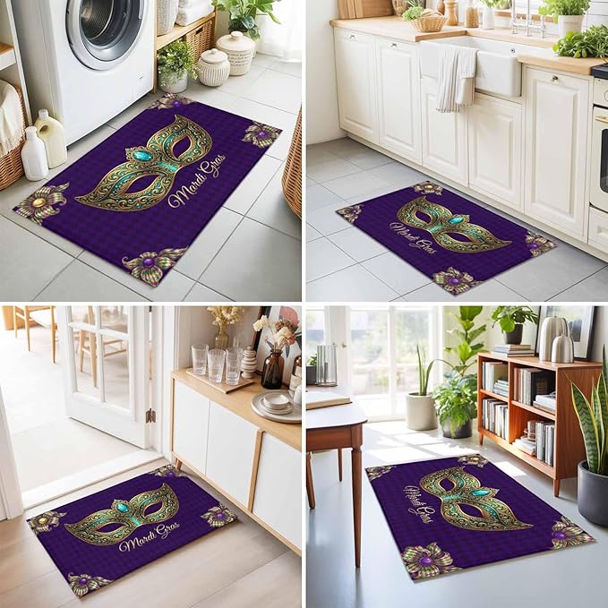 Area Rug 2x3ft, Mardi Gras Mask Purple Plaid Washable Rugs for Living Room Bedroom, Abstract Blossom Floral Soft Non-Slip Area Rugs Rectangle Floor Carpet for Dining Room