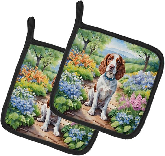 Caroline's Treasures Welsh Springer Spaniel Spring Path Pair of Pot Holders Kitchen Heat Resistant Pot Holders Sets Oven Hot Pads for Cooking Baking BBQ, 7 1/2 x 7 1/2