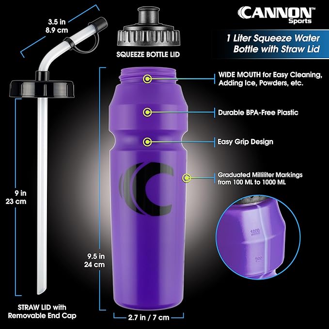Cannon Sports 1 Liter Sports Water Bottle, BPA-Free, 34 Oz Capacity, Large Mouth, 2 lids (Straw and Squeeze), Great For Helmet Sports Such As Hockey, Lacrosse, Football, Boxing (Purple)