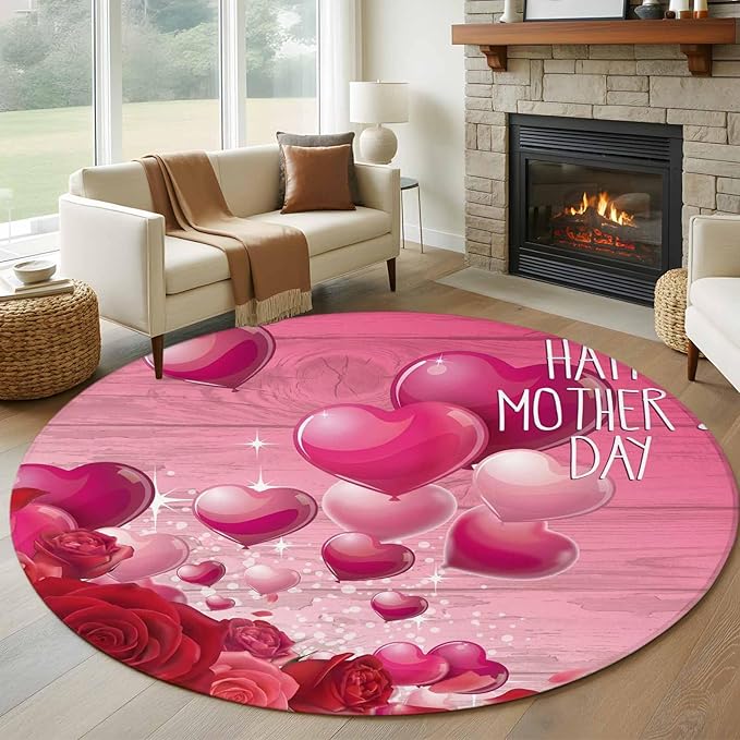 Washable Round Area Rug Mother's Day Love Balloon Rose Circle Rugs Floor Carpet for Living Room Bedroom, Gradient Pink Wood Grain Soft Non Slip Round Rug 5ft