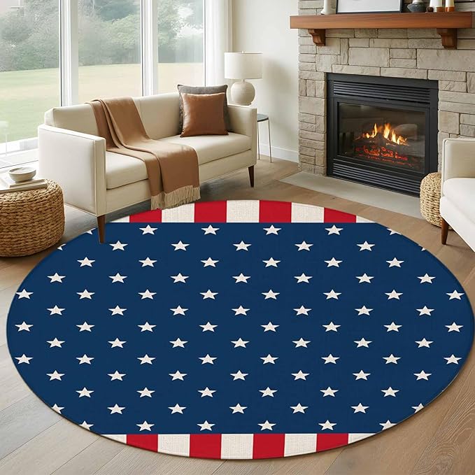 Washable Round Area Rug American Independence Day Circle Rugs Floor Carpet for Living Room Bedroom, USA Stars on Blue Red White Border Soft Non Slip Round Rug 5ft